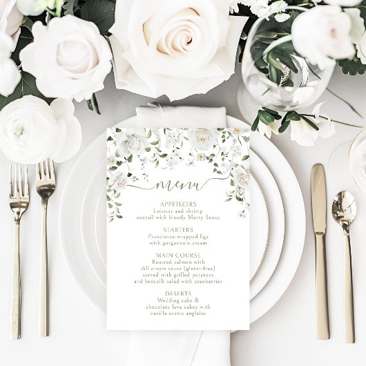 White Rose Peony Flower & Greenery Wedding Menu 出欠カード