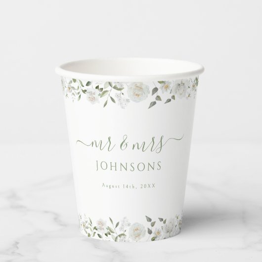 White Rose Peony Flower Wedding Paper Cups 紙コップ (正面)