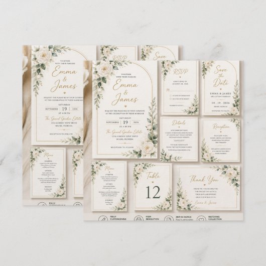 White Rose Sage Green Wedding Invitation 招待状 (正面/裏面)