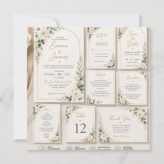 White Rose Sage Green Wedding Invitation 招待状 (正面)