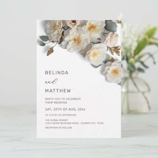 White Roses 3D Flowers Elegant White Wedding 招待状 (スタンド正面)