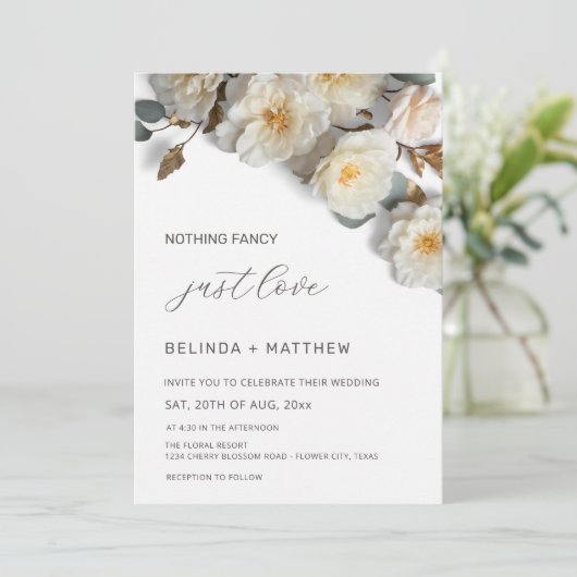 White Roses 3D Flowers Elegant White Wedding 招待状 (スタンド正面)