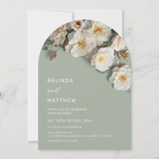 White Roses 3D Flowers Modern Arch Wedding 招待状 (正面)