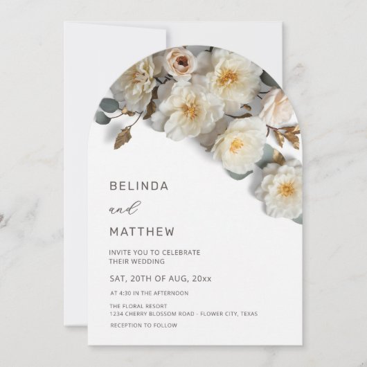 White Roses 3D Flowers Modern Arch Wedding 招待状 (正面)