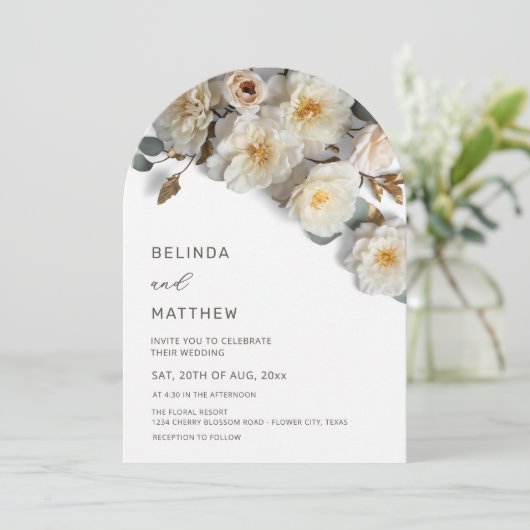 White Roses 3D Flowers Modern Arch Wedding 招待状 (スタンド正面)