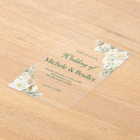 White Roses Acrylic Wedding Invitation アクリル招待状 (レイダウン)