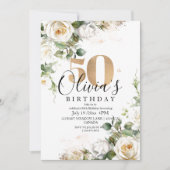 White Roses and Gold Elegant Flower 50th Birthday 招待状 (正面)