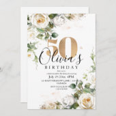 White Roses and Gold Elegant Flower 50th Birthday 招待状 (正面/裏面)