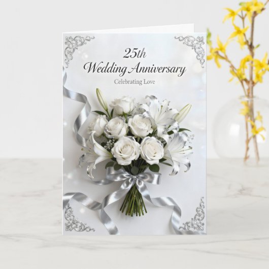 White Roses and Silver Ribbon 25th Anniversary カード (黄色い花)