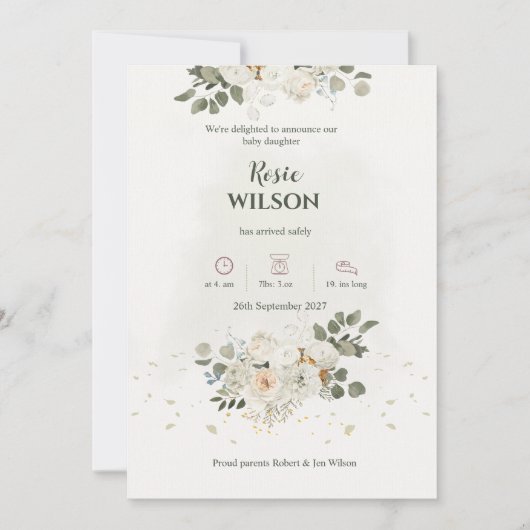 White Roses Baby Announcement 招待状 (正面)