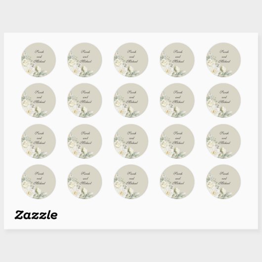 White Roses  Beige Personalized Wedding Stickers ラウンドシール (シート)