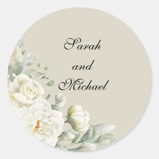 White Roses  Beige Personalized Wedding Stickers ラウンドシール (正面)