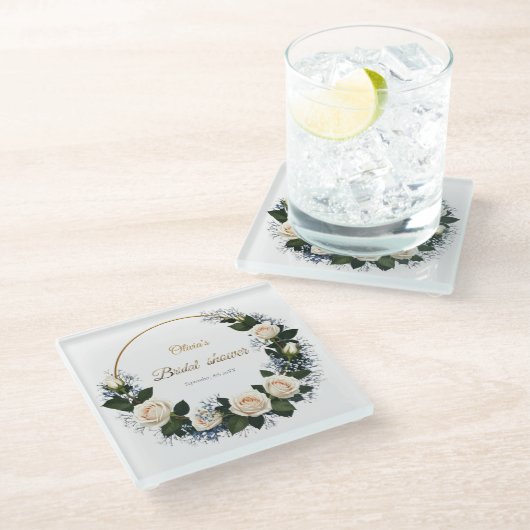 White Roses & Blue Baby’s Breath  ガラスコースター (アングル)