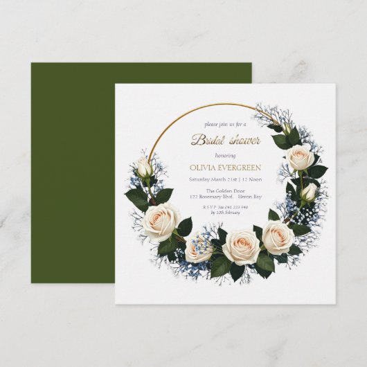 White Roses & Blue Baby’s Breath Bridal Shower 招待状 (正面/裏面)