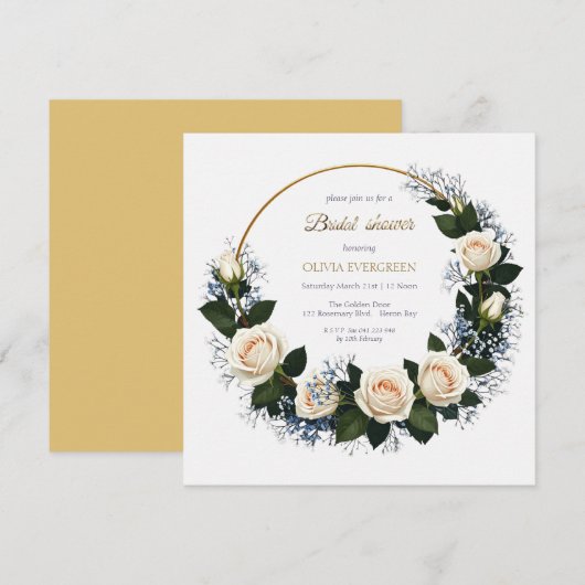 White Roses & Blue Baby’s Breath Bridal Shower 招待状 (正面/裏面)