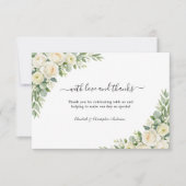 White Roses Cream Floral Greenery Wedding サンキューカード (正面)