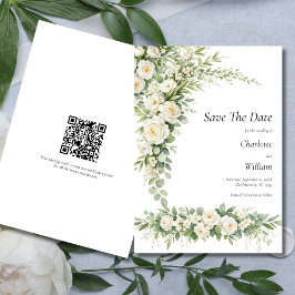 White Roses Cream Wedding Save The Date QR Code 招待状