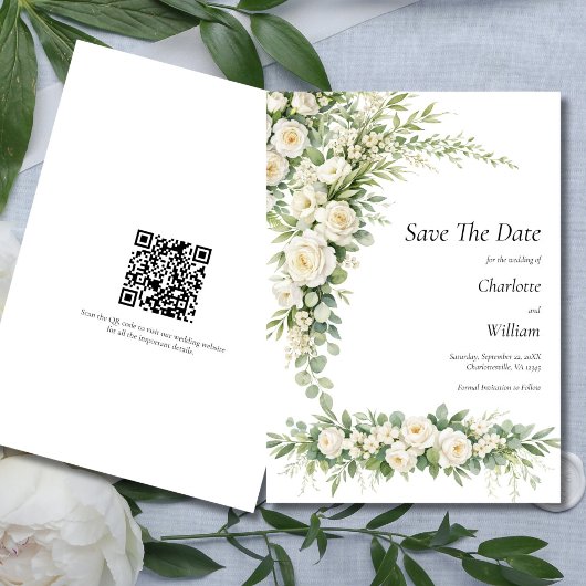 White Roses Cream Wedding Save The Date QR Code 招待状