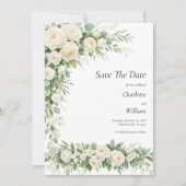 White Roses Cream Wedding Save The Date QR Code 招待状 (正面)