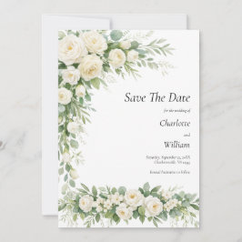 White Roses Cream Wedding Save The Date QR Code 招待状