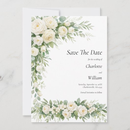 White Roses Cream Wedding Save The Date QR Code 招待状 (正面)