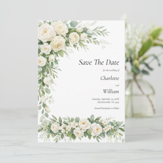 White Roses Cream Wedding Save The Date QR Code 招待状 (スタンド正面)