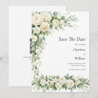 White Roses Cream Wedding Save The Date QR Code 招待状