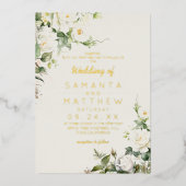 White Roses Elegant Flower Wedding  箔招待状 (正面)