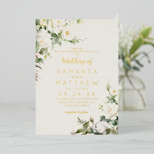 White Roses Elegant Flower Wedding  箔招待状 (立ち正面)