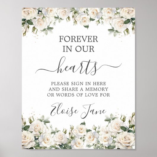 White Roses Floral Memorial Funeral Memory Table ポスター (正面)