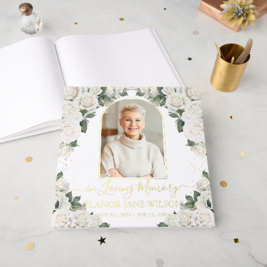 White Roses Floral Memorial Funeral Photo Picture ゲストブック (正面見開き)