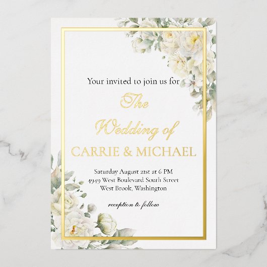 White Roses Foil Wedding Invitation 箔招待状 (正面)