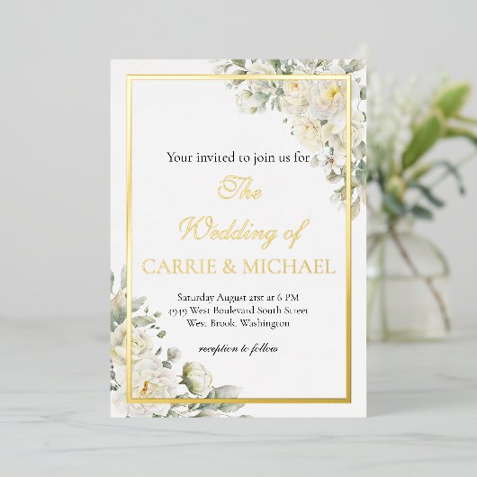 White Roses Foil Wedding Invitation 箔招待状 (立ち正面)