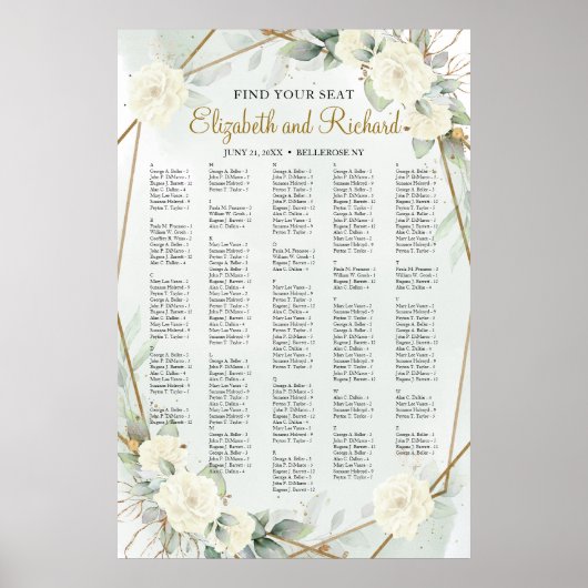 White Roses Greenery Alphabetical Seating Chart ポスター (正面)