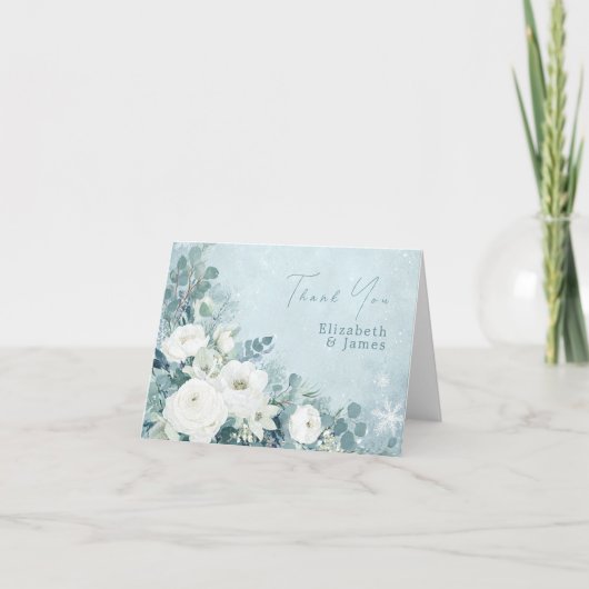 White Roses Hellebores Silver Eucalyptus Wedding サンキューカード (正面)