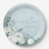 White Roses Hellebores Silver Eucalyptus Wedding ペーパープレート (正面)