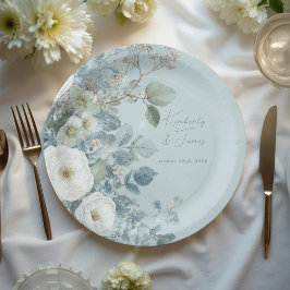 White Roses Hellebores Silver Eucalyptus Wedding ペーパープレート