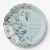 White Roses Hellebores Silver Eucalyptus Wedding ペーパープレート (正面)