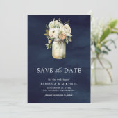 White Roses Mason Jar Photo Navy Blue Wedding セーブザデート (スタンド正面)