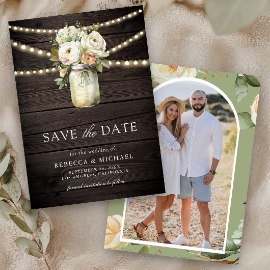 White Roses Mason Jar Photo Wood Wedding セーブザデート