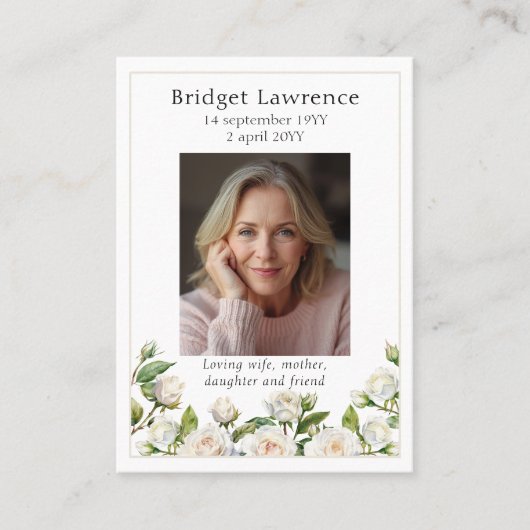 White Roses Memorial Photo Prayer Card 名刺 (正面)