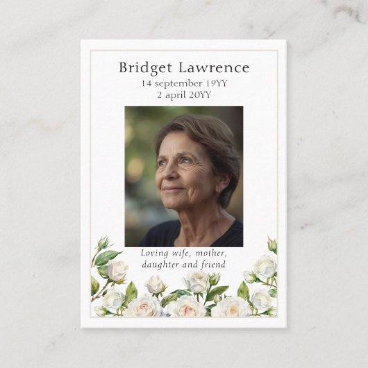 White Roses Memorial Photo Psalm 23 Prayer Card 名刺 (正面)