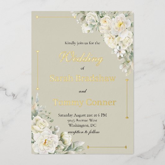 White Roses Modern Foil Wedding Invitation 箔招待状 (正面)