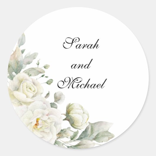 White Roses Personalized Wedding Stickers ラウンドシール (正面)