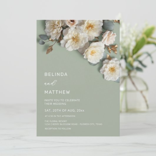 White Roses Realistic Flowers Wedding 招待状 (スタンド正面)