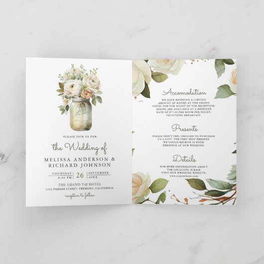 White Roses Sage Leaves Mason Jar QR Code Wedding 招待状 (内部)