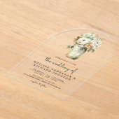 White Roses Sage Leaves Mason Jar Wedding  アクリル招待状 (レイダウン)