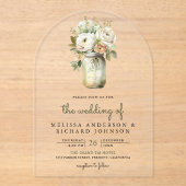 White Roses Sage Leaves Mason Jar Wedding  アクリル招待状 (正面)
