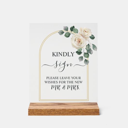 White roses Spring Floral Romantic Wedding アクリルサイン (正面)