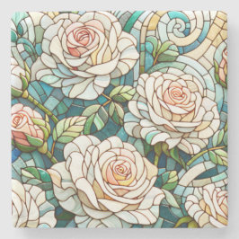 White Roses Stained Glass Mosaic ストーンコースター